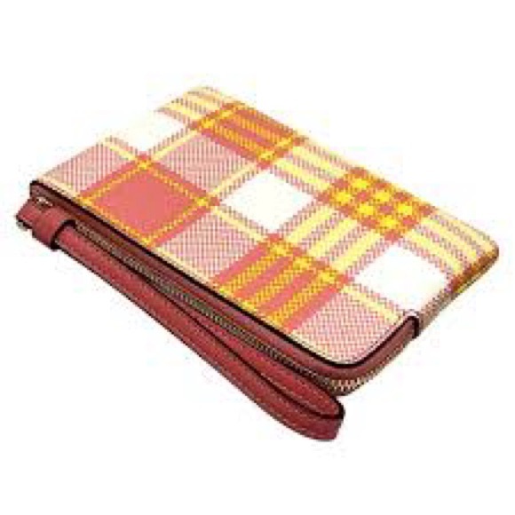 Coach Corner Zip Wristlet With Garden Plaid Print Gold/Taffy Multi C8683